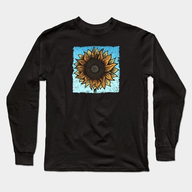 Summertime Sunflower Woodcut Long Sleeve T-Shirt by LittleBunnySunshine